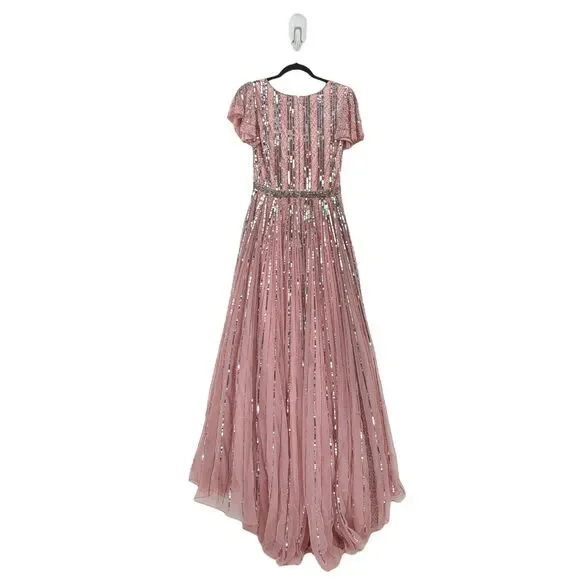Mac Duggal Women 6 Striped Sequin V Neck Gown Rose Pink Beading 70108 NEW FLAW